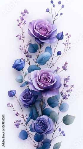 Wallpaper Mural Watercolor floral border frame with gradient of purple roses and lilac flowers, delicate eucalyptus foliage, soft transparent background, vertical frame layout, gentle and refined Torontodigital.ca