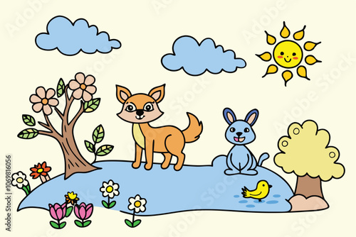 adorable playful forest animals in a vibrant forest setting