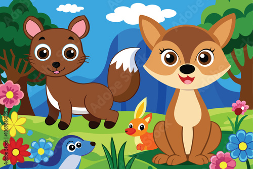 adorable playful forest animals in a vibrant forest setting