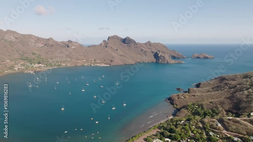 magnificent aerial view of taiohae bay by setting sun and very good weather on the island of NUKU HIVA in the Marquesas archipelago in French Polynesia