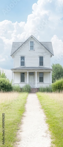 Rustic Farmhouse on a Country Lane: A charming white farmhouse stands tall, bathed in soft sunlight. A gravel path winds through the lush green grass toward its front door.