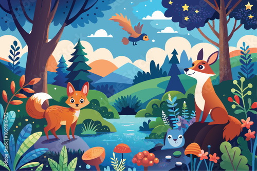 adorable playful forest animals in a vibrant forest setting