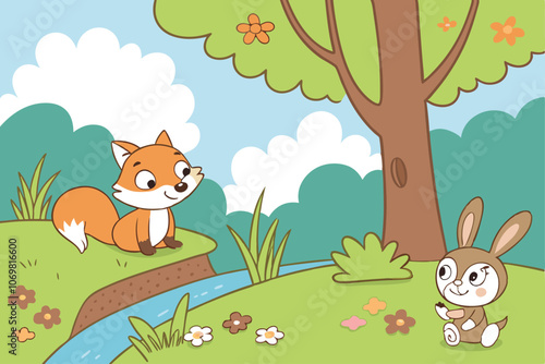 adorable playful forest animals in a vibrant forest setting