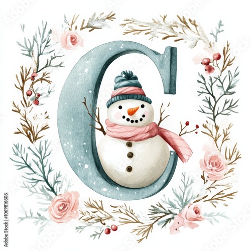 A joyful snowman adorned with a colorful hat and scarf is encircled by pink and gold flowers, contrasted beautifully with a large letter 'C'. photo