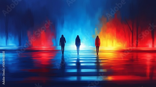 Three silhouetted figures walking through vibrant, fiery landscape