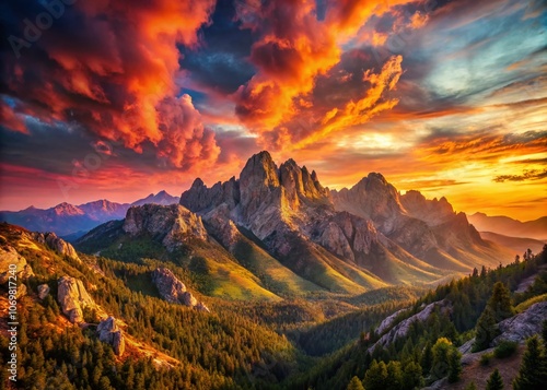 A Stunning Top View of Majestic Mountains Under a Vibrant Sunset with Rich Colors and Clear Skies, Perfect for Nature Lovers and Landscape Photography Enthusiasts