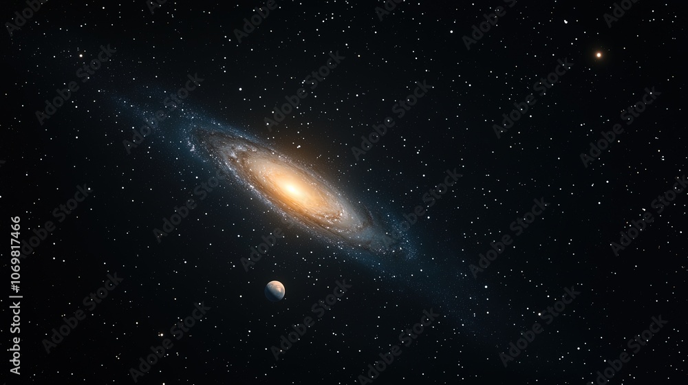 Obraz premium Stunning Spiral Galaxy with a Distant Planet in Cosmic Space