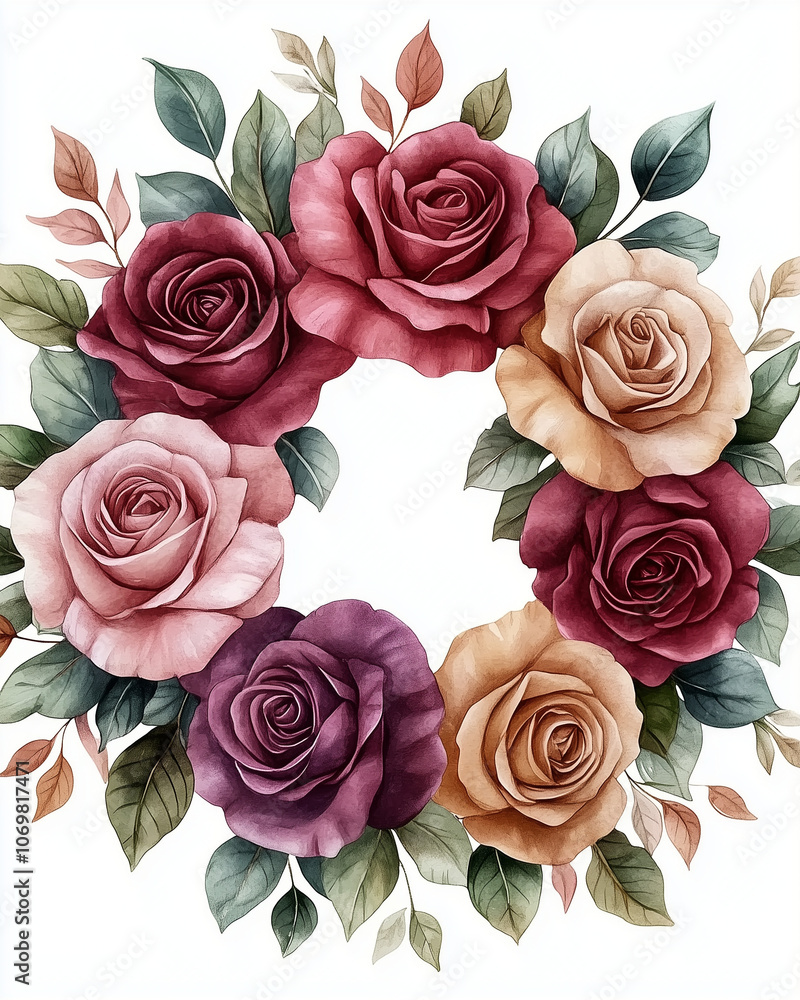 custom made wallpaper toronto digitalWatercolor rose wreath border frame, pink and red roses with green foliage, circular shape, romantic and elegant, balanced design, soft brush textures, vintage romance