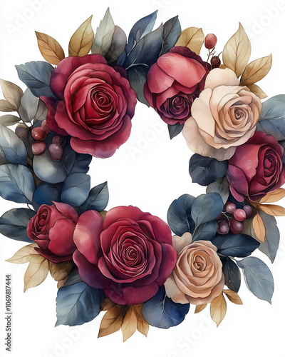 Wallpaper Mural Watercolor rose wreath border frame, pink and red roses with green foliage, circular shape, romantic and elegant, balanced design, soft brush textures, vintage romance Torontodigital.ca