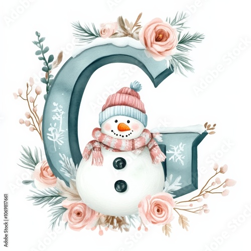 A delightful snowman dressed warmly stands among holiday-themed flowers and greenery, capturing the spirit of winter in a beautifully crafted illustration. photo