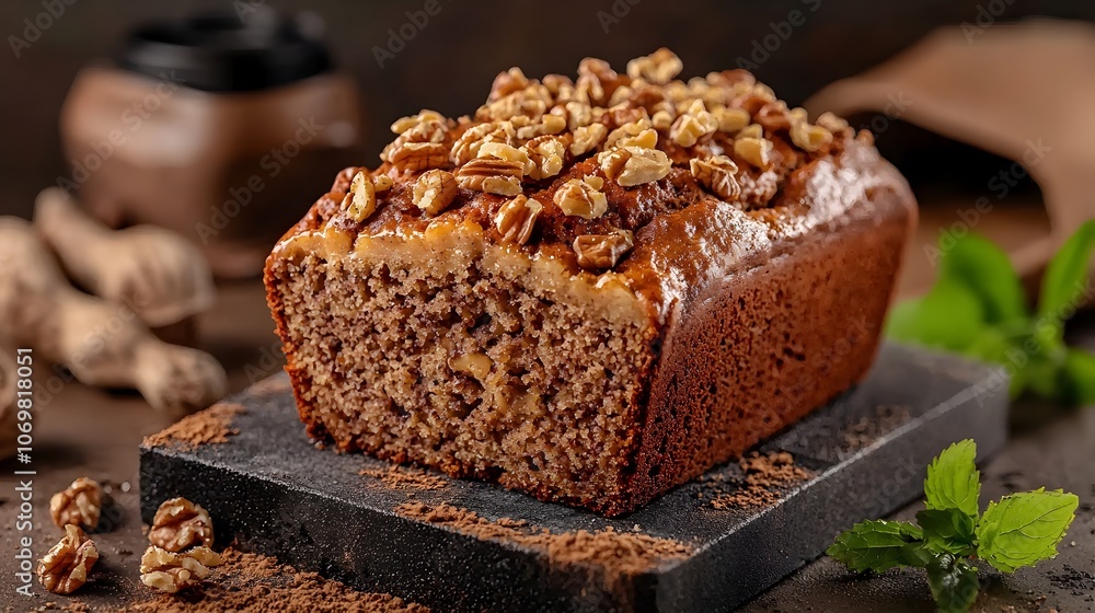 Homemade vegan banana bread with a rich golden crust and a delightfully moist interior garnished with a scattering of crunchy chopped walnuts captured in a moody atmospheric setting with warm Homemade vegan banana bread with a rich golden crust and a delightfully moist interior garnished with a scattering of crunchy chopped walnuts captured in a moody atmospheric setting with warm