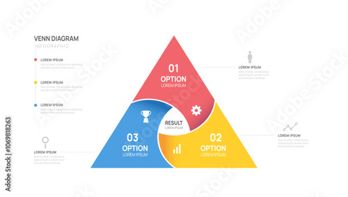 Infographic Venn diagram chart template for business 3 parts, options, presentation with venn diagram elements vector illustration.