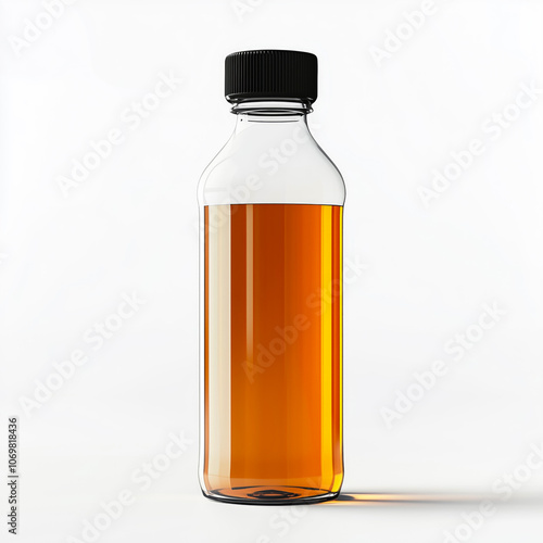 Bottle of liquid is sitting on a white background