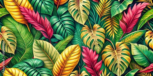 Wallpaper Mural Vintage Style Photography of a Seamless Texture Featuring Colorful Tropical Leaves, Perfect for Nature-Inspired Designs and Backgrounds in a Vibrant Palette of Greens, Pinks, and Yellows Torontodigital.ca