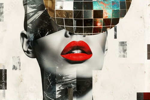 Abstract collage. Concept Disco girl with a head of disco ball and red lips