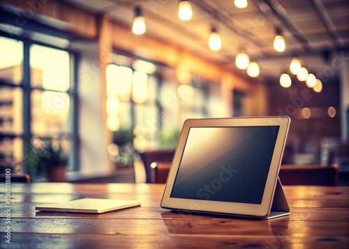 Vintage Style Photography of a Tablet Computer with Blank Screen Against a Blurred Office Background for Copy Space and Generative AI Concepts