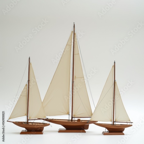 Elegant model sailboats showcasing craftsmanship and nautical themes, ideal for home decor, marine business, or vacation planning visuals. photo