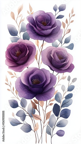 Wallpaper Mural Dreamy watercolor floral border frame, violet and lavender roses with eucalyptus greenery, soft watercolor strokes, light and ethereal, isolated on transparent background Torontodigital.ca
