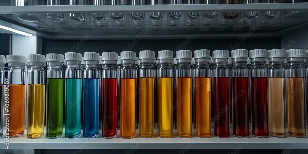 Eye-catching test tubes filled with colorful liquids, focus on the reflection of the colorful liquids Eye-catching test tubes filled with colorful liquids, focus on the reflection of the colorful liquids