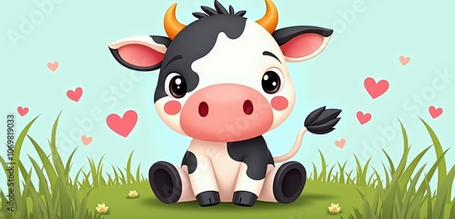 Cute cartoon cow sitting in grass with hearts around, perfect for children's products, farm themes, and playful designs. photo