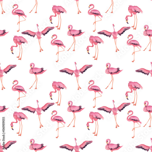 seamless pattern with Flamingos or flamingoes are a type of wading bird in the family Phoenicopteridae, A group of flamingoes is called a "flamboyance", pink vector art illustration design