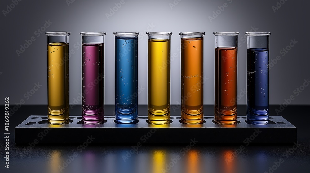 Eye-catching test tubes filled with colorful liquids, focus on the reflection of the colorful liquids Eye-catching test tubes filled with colorful liquids, focus on the reflection of the colorful liquids