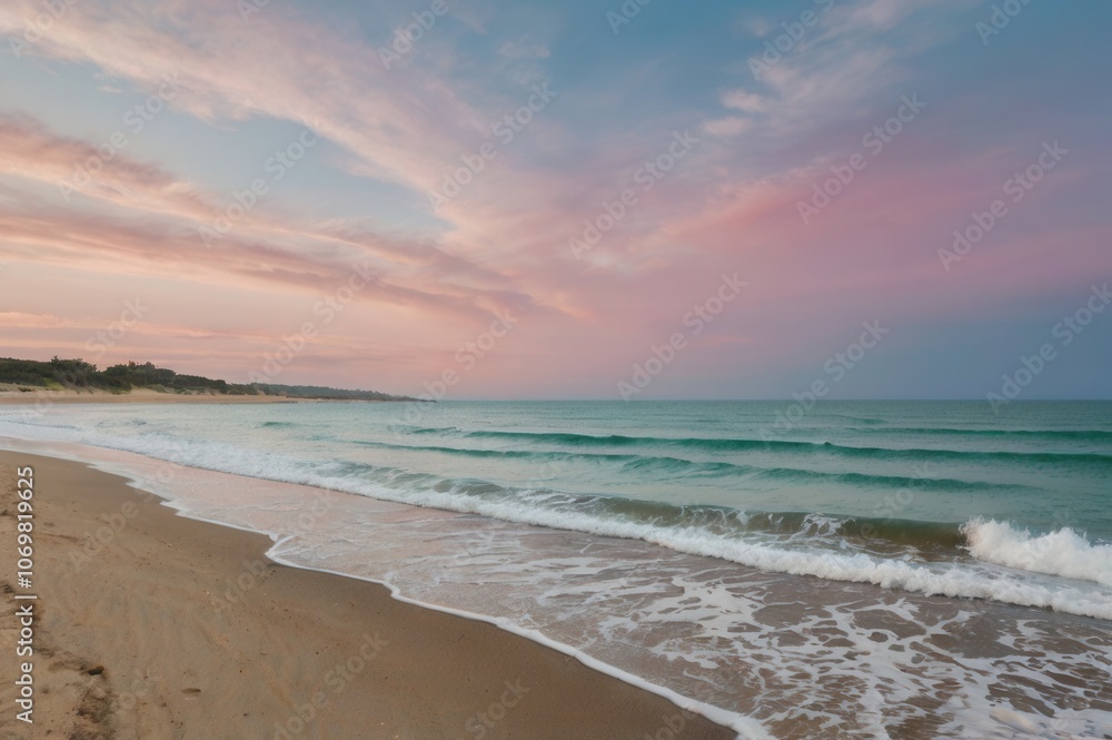 A serene beach with soft waves and a distant horizon under a pastel sky. A serene beach with soft waves and a distant horizon under a pastel sky.