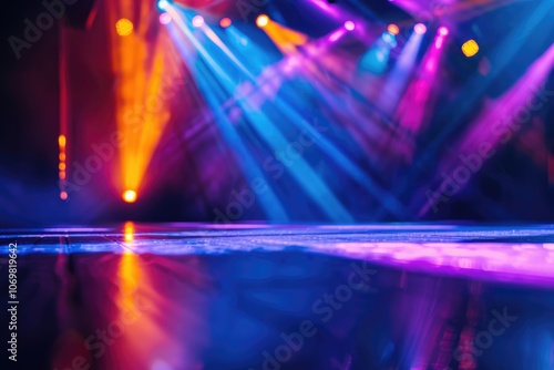 Colorful neon lights on disco floor with abstract background.