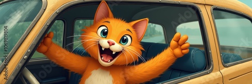 A cheerful animated orange cat joyfully peeking from a classic car, perfect for projects related to pets, travel, or children's content. photo