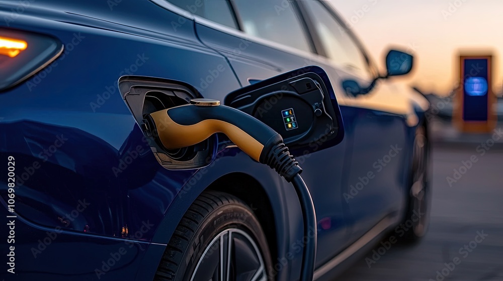 Electric Vehicle Charging Station at Sunset in Urban Environment Electric Vehicle Charging Station at Sunset in Urban Environment