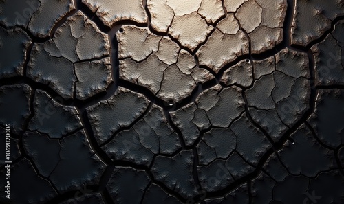 A close-up of cracked surface patterns, highlighting texture and depth. Ideal for backgrounds, design, or environmental themes related to dryness and aging. photo