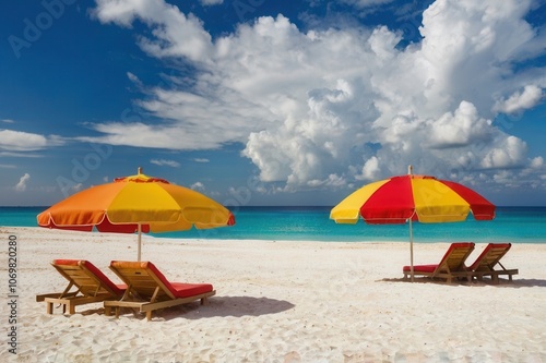 A beach scene with brightly colored umbrellas on white sand.