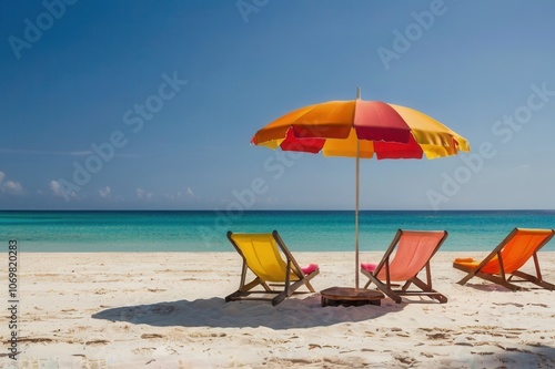 two beach chairs with a yellow and red umbrella on the beach in a sunny day