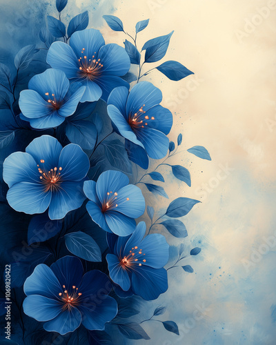 Wallpaper Mural Dreamy watercolor floral border frame, blue and teal flowers with delicate leaves, light and soft hues, ethereal and whimsical, peaceful and calming design, gentle brushstrokes Torontodigital.ca