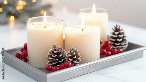 Cozy Holiday Decor Featuring Candles, Pinecones, and Berries for Festive Atmosphere