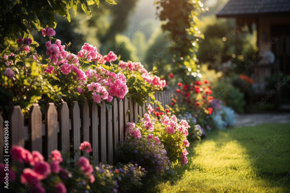 Cozy backyard garden background with soft grass, colorful flower beds, and a rustic wooden fence, warm sunlight creating a relaxed, inviting atmosphere Cozy backyard garden background with soft grass, colorful flower beds, and a rustic wooden fence, warm sunlight creating a relaxed, inviting atmosphere
