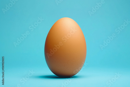 Large egg is sitting on a blue surface photo