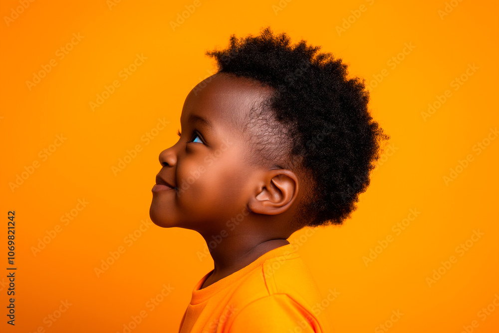 little boys' side profile on a bright yellow studio background little boys' side profile on a bright yellow studio background