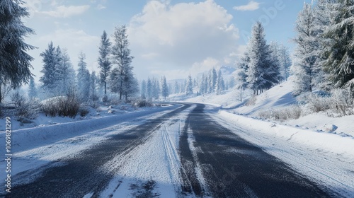 A snow covered road with trees in the background. The road is empty and quiet