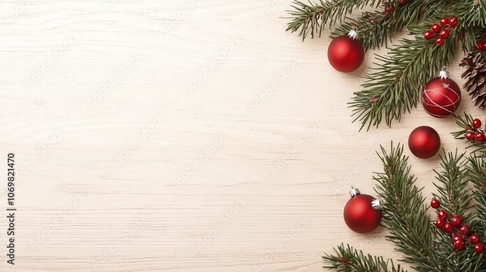 Festive Christmas Ornaments and Pine Branches on Light Wooden Background Festive Christmas Ornaments and Pine Branches on Light Wooden Background