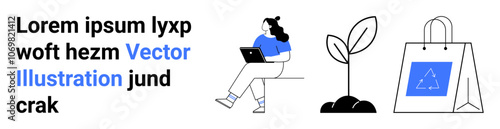 Woman sitting with laptop, potted plant sprout, and shopping bag with blue design. Ideal for online learning, e-commerce, growth, sustainability, technology, shopping, and digital lifestyle. Landing