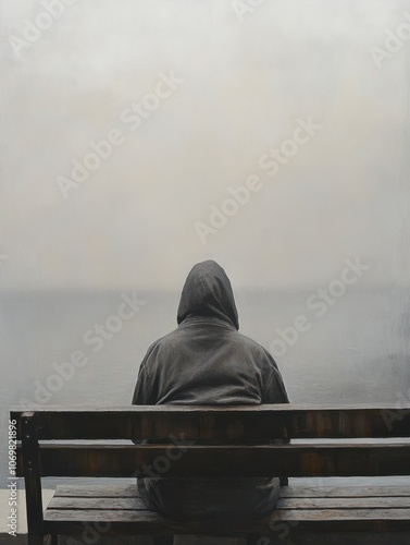 A solitary figure in a hooded jacket sits on a bench by a foggy waterfront, evoking a sense of loneliness and introspection photo