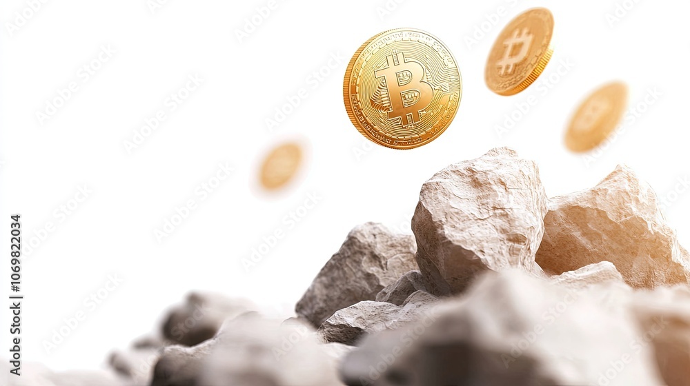 Fototapeta premium Floating Bitcoin Coins Above Piles of Rocks in Bright Environment