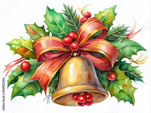 Watercolor Christmas Bell on White Background - A Festive and Elegant Holiday Decoration Concept for Food Photography, Perfect for Seasonal Themes and Celebratory Events