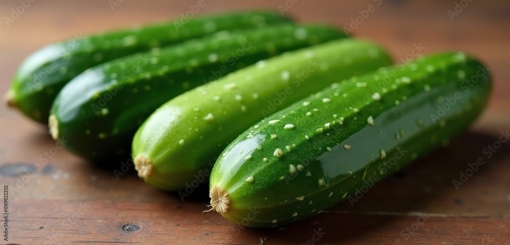 Fresh cucumbers lined up on a wooden surface, showcasing their vibrant green color and texture, ideal for food-related projects, recipes, or health-focused content.