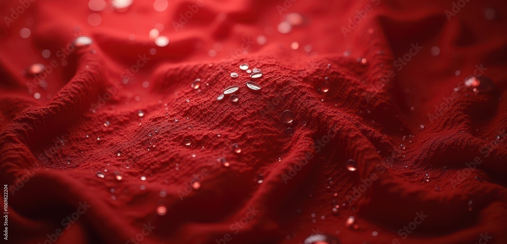 A close-up view of red fabric with water droplets, showcasing texture and depth. Perfect for fashion, textiles, or surface design projects. A close-up view of red fabric with water droplets, showcasing texture and depth. Perfect for fashion, textiles, or surface design projects.
