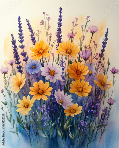 Wallpaper Mural Wildflower watercolor floral border frame, daisies, lavender, and small meadow flowers, soft pastel colors like lavender, yellow, and sky blue, countryside feel, organic and loose design Torontodigital.ca