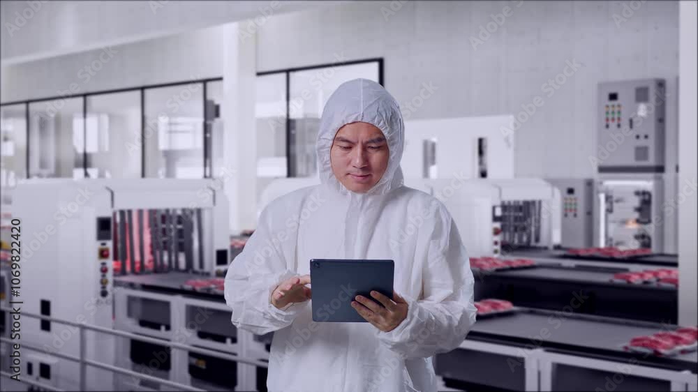 Asian Male Food Factory Employee Using A Tablet While Standing With Conveyor Food Asian Male Food Factory Employee Using A Tablet While Standing With Conveyor Food