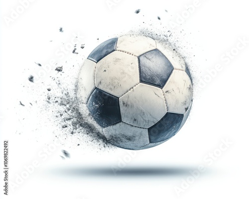 Soccer Ball Exploding: A vintage soccer ball explodes in a burst of energy, leaving behind a trail of dust and debris. This dramatic.