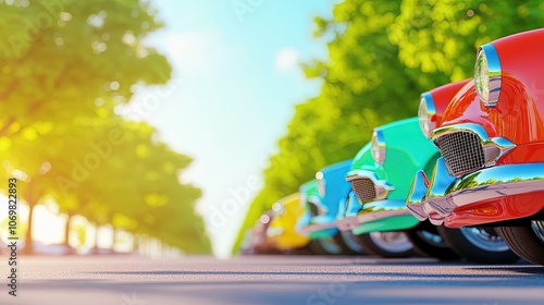 Classic Vintage Cars Lined Up Along a Sunlit Tree-Lined Street photo